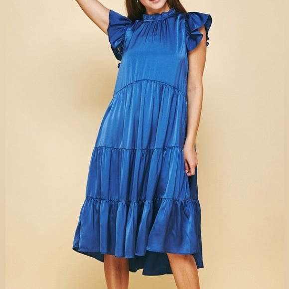 Pinch Dresses & Skirts - Pinch Satin royal Blue ruffle sleeve midi Dress